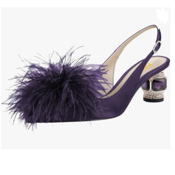 FSJ Purple Fur Fur Closed Toe Slingback Pumps Crystal Block Low Heel Fuzzy Shoes - Picture 1 of 8